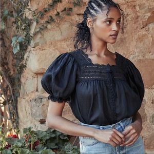 Doen Anneth Top Black Short Puffed Sleeve Detailed Lace Bead Buttons